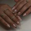 24 Pieces Hot Sale Golden Bow Wear Nail Pearlescent Powder Explosive Nail Art False Nail Short Almond Nail Piece