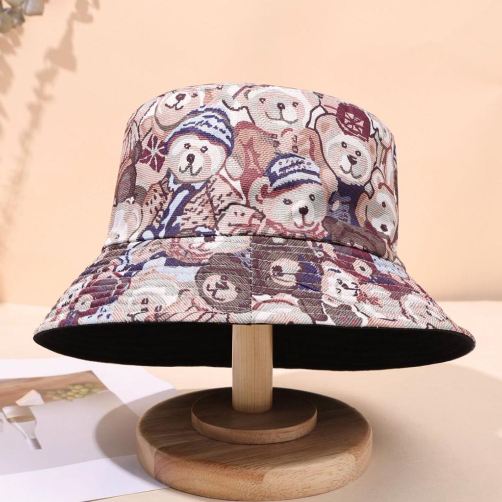 Double-Sided Printing Bear Printing Pattern Bucket Hat Summer Outdoor Shading And Sun Protection