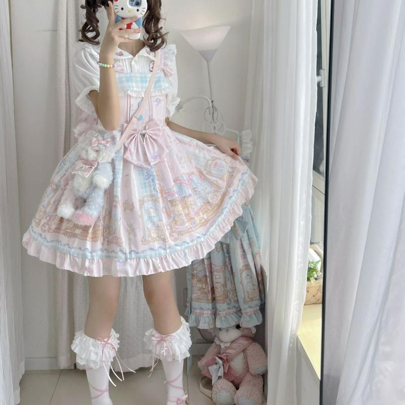 Japanese Sweet Lolita Jsk Dress Kawaii Lace Ruffles Bow Cartoon Print Slim Princess Dresses Girls Y2k Cute Tea Party Mini Dress