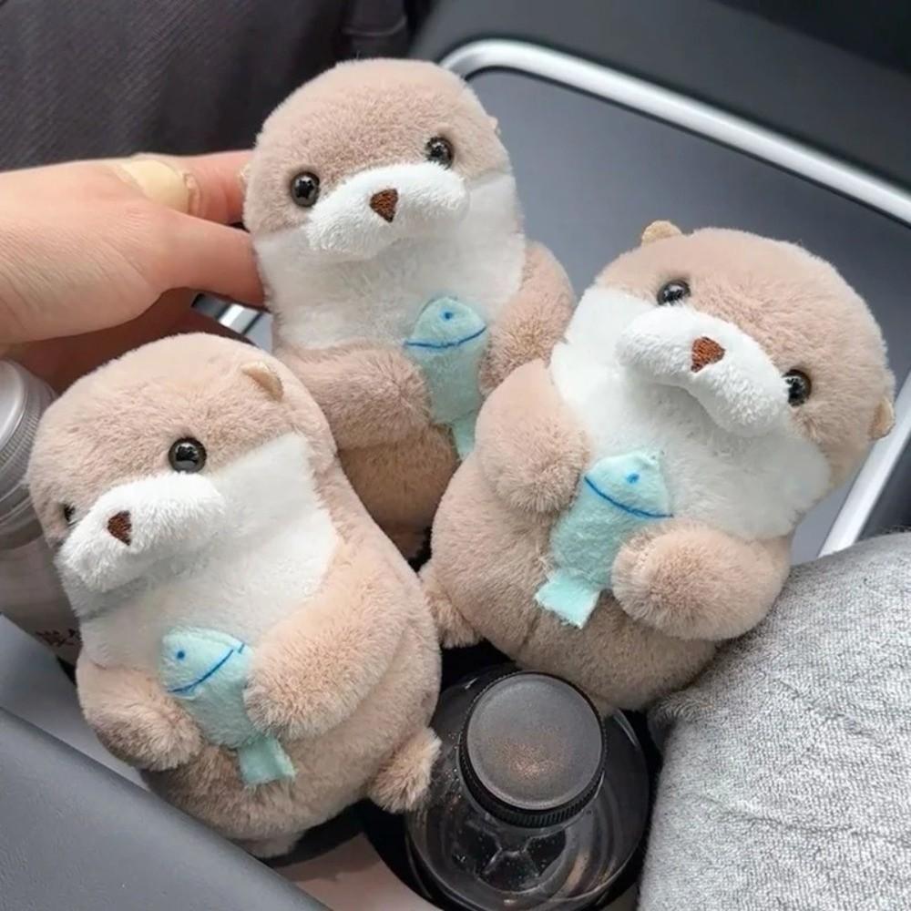 Kawaii Otters Holding Fish Plush Doll Keyring Plush Material Soft Touch Doll Toy Keyring Cute Design Funny Pendant Keyring