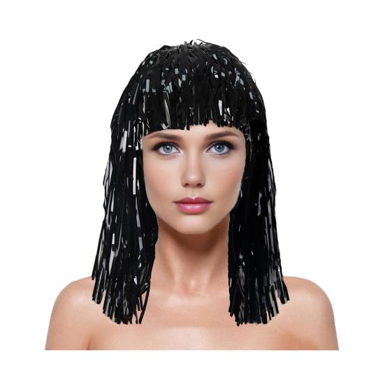 Yousheng Folien Lametta Perücken und Kostüm Disco Themen Fransen Outfit mit elastischer Taille Metallic Cosplay Tanzzubehör