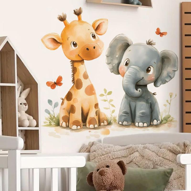 Cartoon Animal Wall Stickers Giraffe And Elephant Design Removable Waterproof For Kids Room Nursery Classroom Decor