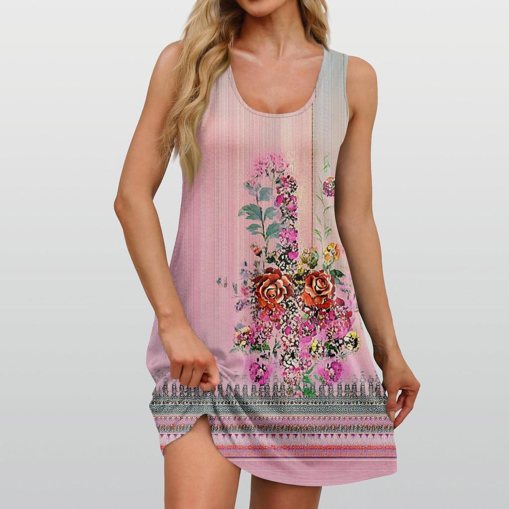 Damen Sommerkleid, lässig, quadratischer Ausschnitt, Blumendruck, ärmellos, mit Taschen