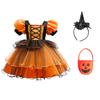 Girls Princess Dress Halloween Costume Cosplay Witch Dress Bubble Sleeve Pumpkin Mesh Tutu Children Princess Dress Mesh Skirt