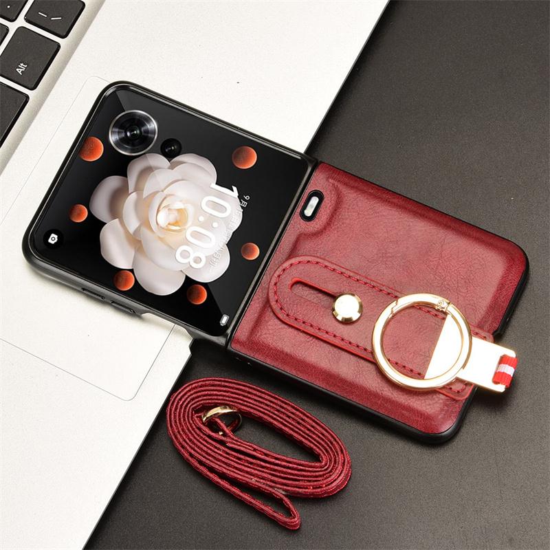 For Honor Magic V Flip Wrist Strap Ring Bracket Phone Holder Case For Honor Magic V Flip Leather style Case Drop-Resistant Cover