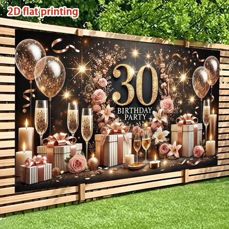 2D Glitter 30th Birthday Background Cloth, Black Gold Candle & Flower Wall Hanging