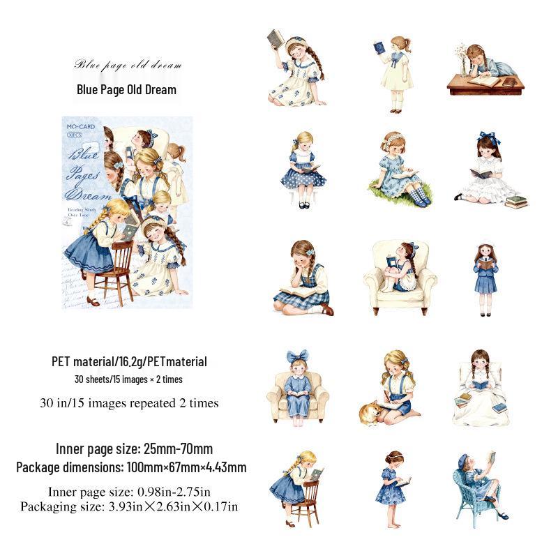 Momo PET White Ink Sticker Pack: Retro Reading Girl Theme - Time Slow Reading Series (30 Sheets)