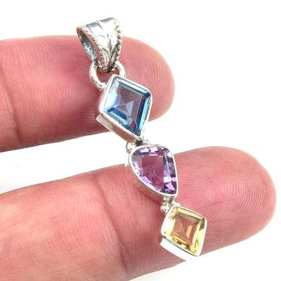 Natural Blue Topaz ,Pink Amethyst 925 Solid Sterling Silver Pendant 1.50" I7l75