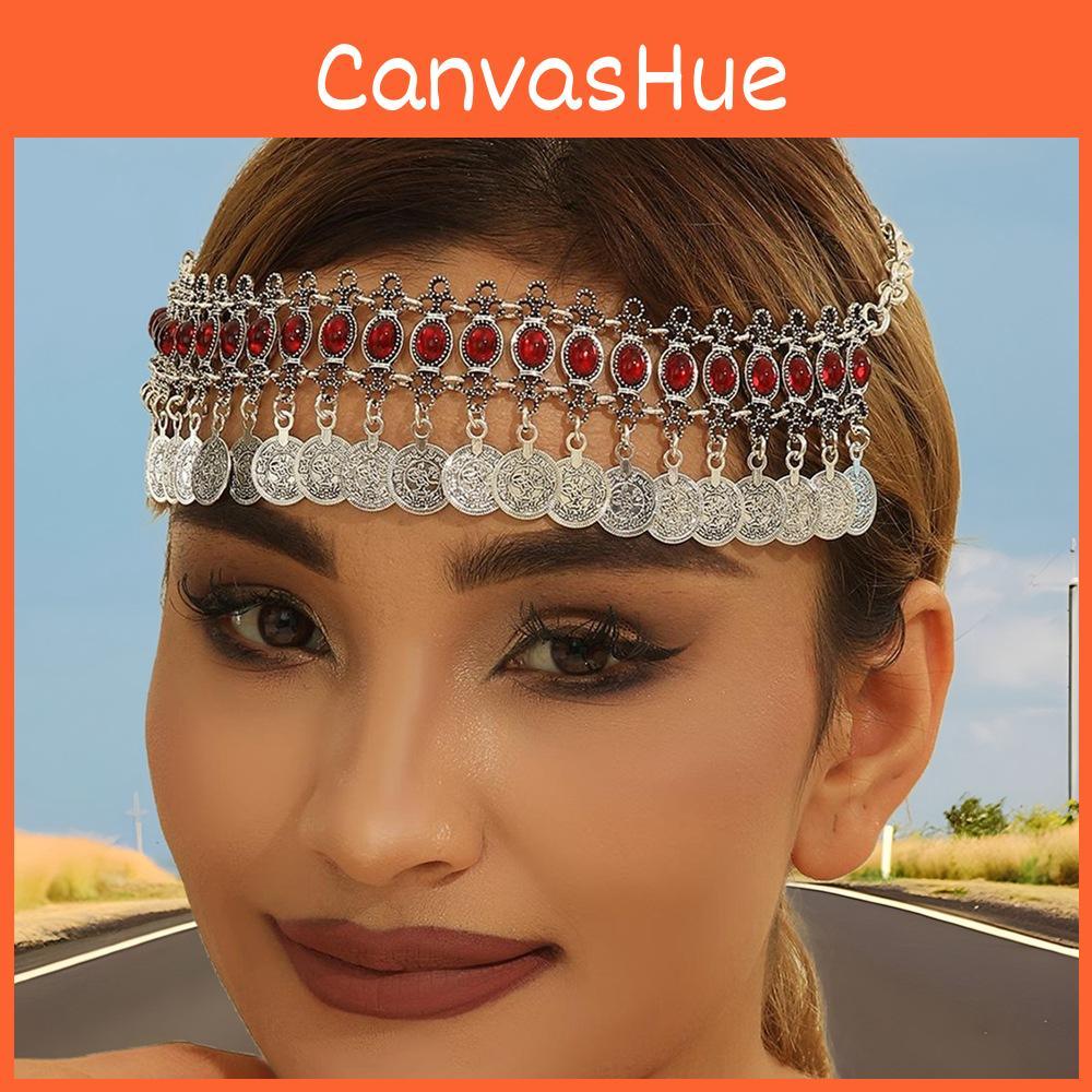 Ethnic Headband Vintage With Alloy Coins And Red Acrylic Gems For Women Gift
