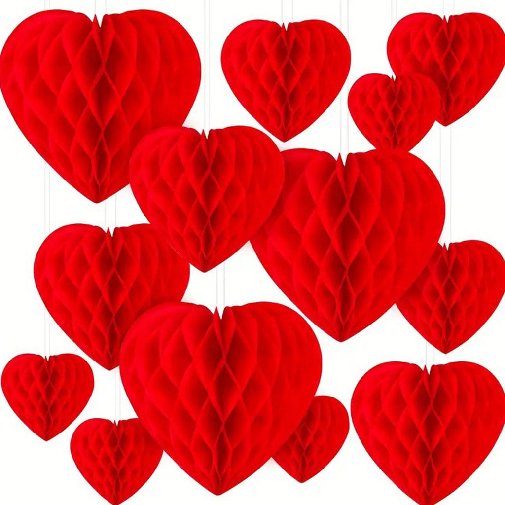 16Pieces Red Paper Heart Honeycomb Ball Decors for Home Office Romance Event Valentine's Day Special Event DIY