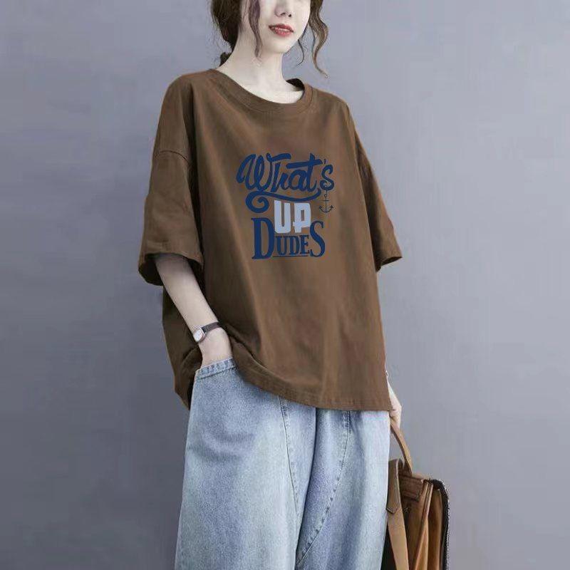Summer Women's Tops Cotton Large Size T-shirt Polo Neck Loose Printed Casual Pullover T-shirt TopHarajuku Style Short Sleeved T-shirt