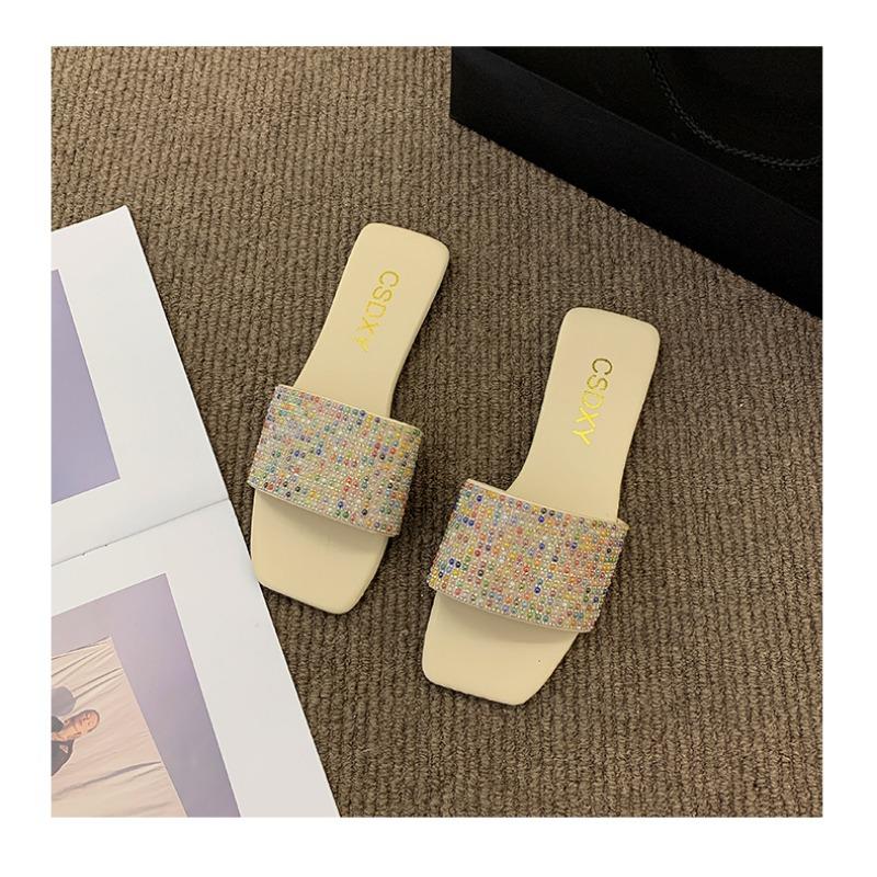 Glitter Slides Flat Shoes Female Woman's Slippers Low Square Toe Big Size Jelly Summer Fabric Rome Rubber Crystal Sequined