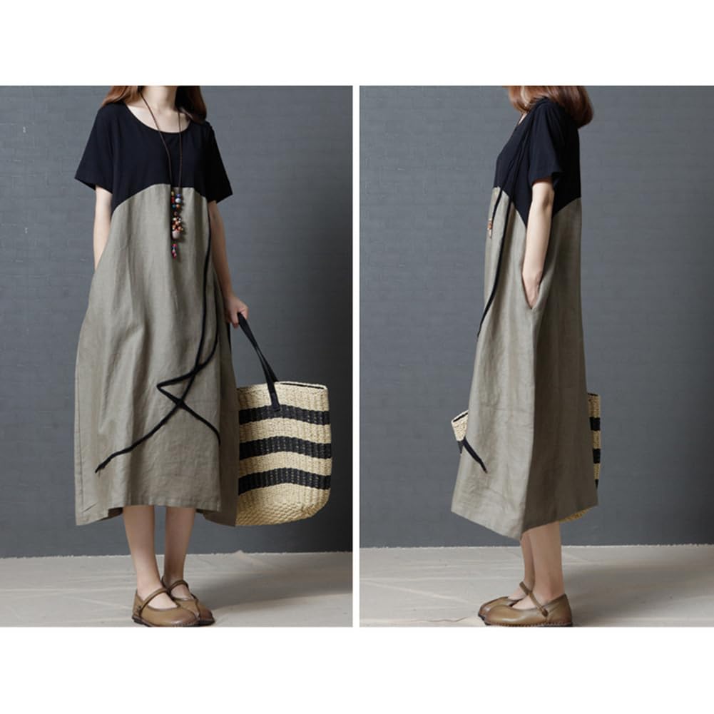 Short Round Long Plus [SDSXZWG] Women's Cotton-Linen Dress, Sleeve, Lightweight, Neck, Dress, Flattering, Slimming, Sizes, Summer/Autumn (JP,