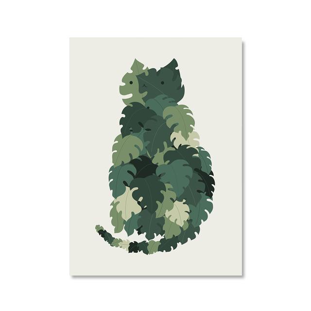 Nordic Animal Posters and Printed Canvas Paintings, Cat and Green Plant Walls, Art Plant Pictures, Children's Room