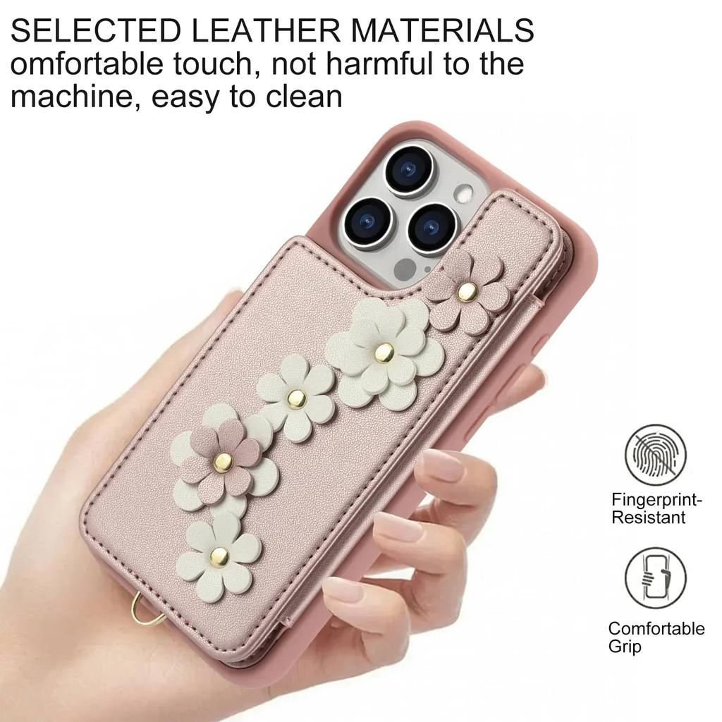 Wallet Case for iPhone 16 15 14 Pro Max Plus, Card Holder Crossbody Purse, Cute Flower Design, Magnetic Kickstand Phone Cover