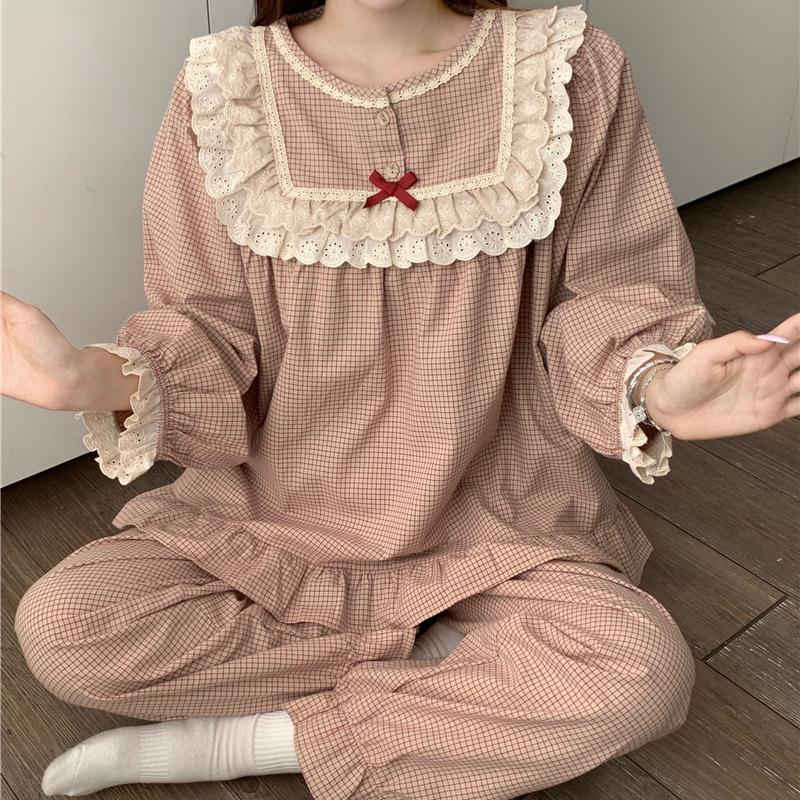 Versiunea coreeană de toamnă a palatului retro, carouri din dantelă dulce, cu mâneci lungi, pijamale pentru serviciu la domiciliu, costum femei
