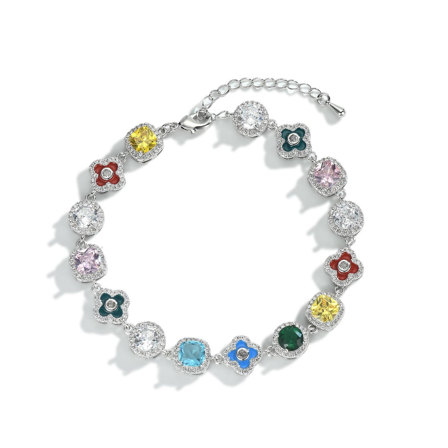 

Hip Hop Dopamine Color Zircon Clover Bracelet Exquisite Trendy Men S And Women S Adjustable Jewelry 7inch