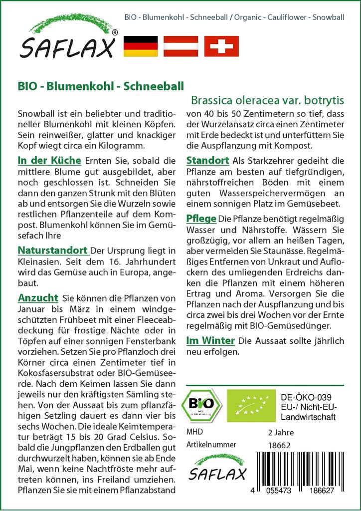 SAFLAX Garden In the Bag - Organic - Cauliflower - Snowball - 70 Seeds - With Substrate In a Fitting Stand Up Bag - Brassica Oleracea