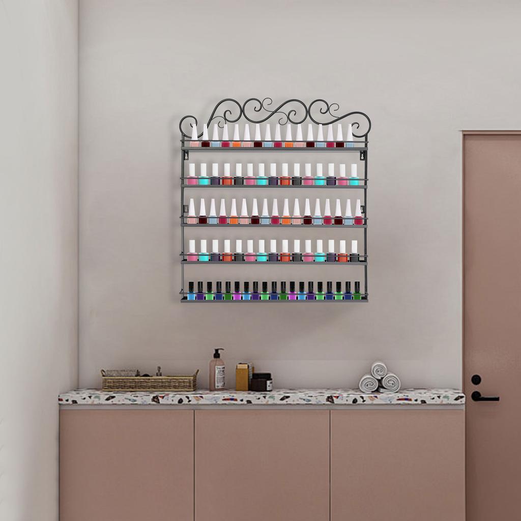 5-Tier Black Metal Nail Polish Rack – Sleek Nail Polish Organizer & Essential Oil Display Shelf – Space-Saving Wall Mount Design