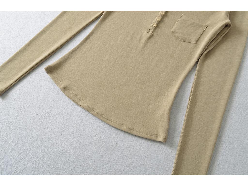 Women's Slim-Fit Long-Sleeve Henley V-Neck Top with Pocket, Stretchy Fine Cotton, Spring/Autumn Style