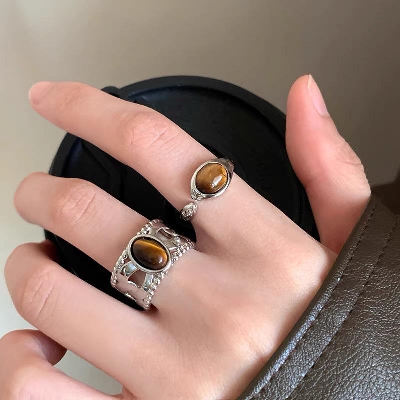Vintage Brown Tiger Eye Stone Rings for Women Men Silver Color Irregular Round Opening Ring Aesthetic Jewelry Gift Free Shipping