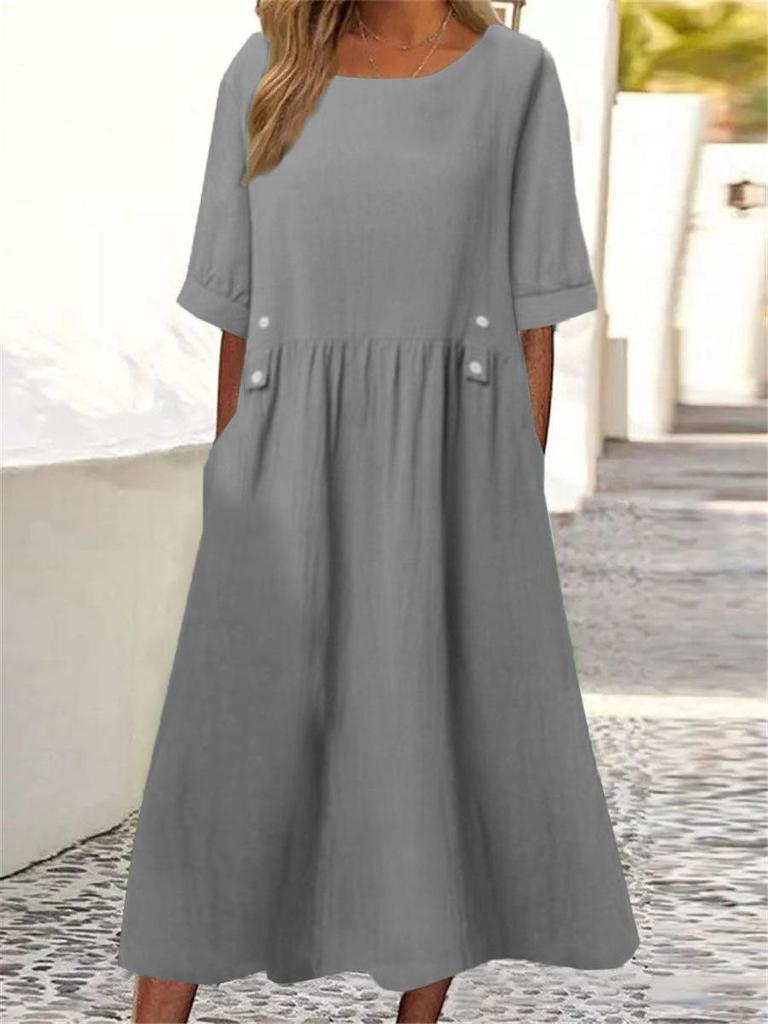 Round Neck Dress-up Breathable Cotton Linen Women Dress Streetwear Lady