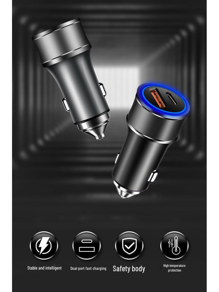 36W Dual USB Type-C Fast Car Charger with Metal QC3.0