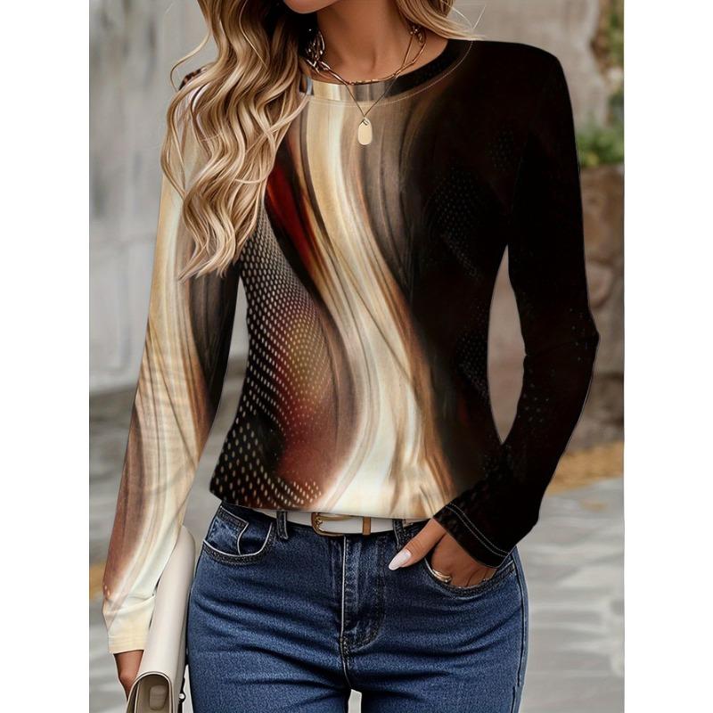 

Элегантная женская футболка с 3D цветочным принтом, модная, с длинным рукавом, круглым вырезом, обычного кроя, для праздничных выходных, весны, осени XL