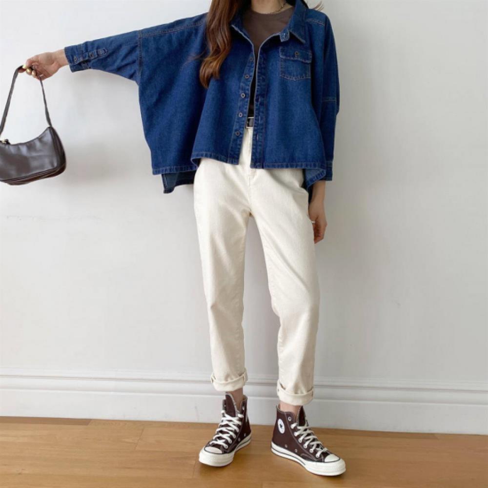 New Arrivals Open Run Women Loose Fit Washing Denim Shirt One Pocket Cotton Blou