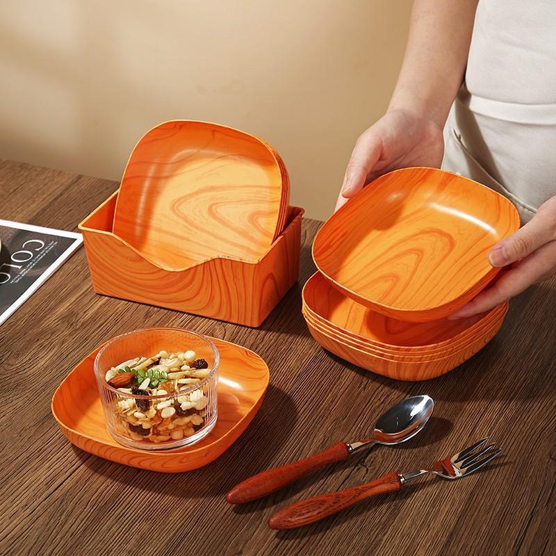 Wood Grain Plastic Serving Plate Eco Friendly Unbreakable with Storage Holder for Kitchen Outdoor Picnic Catering Events