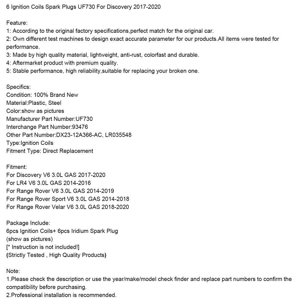 6 Ignition Coils Spark Plugs UF730 For Land Rover Discovery 2017-2020