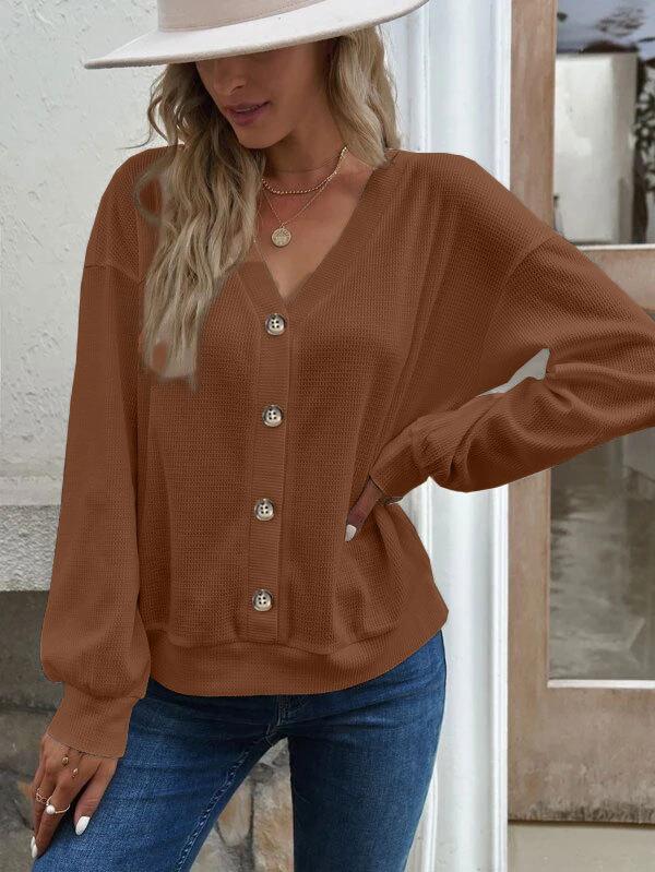 New 2023 autumn and winter European and American women's clothing solid color button V-neck loose long-sleeved T-shirt women