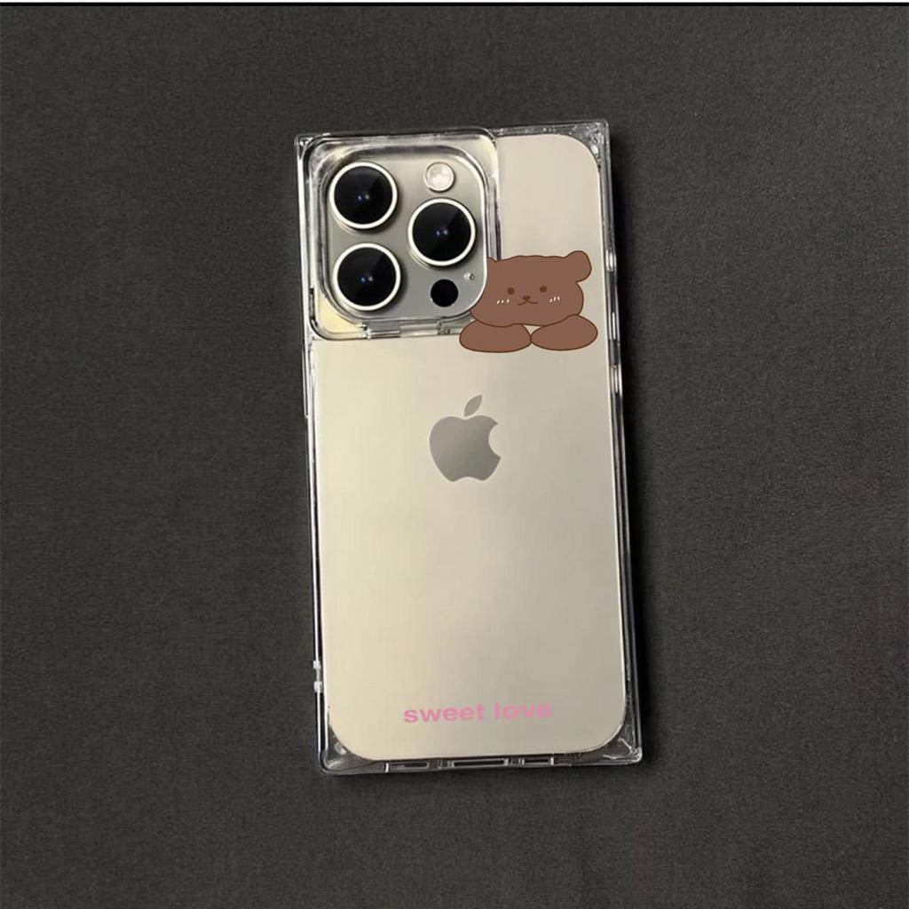 Clear Square Back Tube Case Protection For iPhone 14 Pro Max 11 13 15 Plus 16 ProMax 12 Anti-Oxygen,Love Teddy Bear Pattern Casing