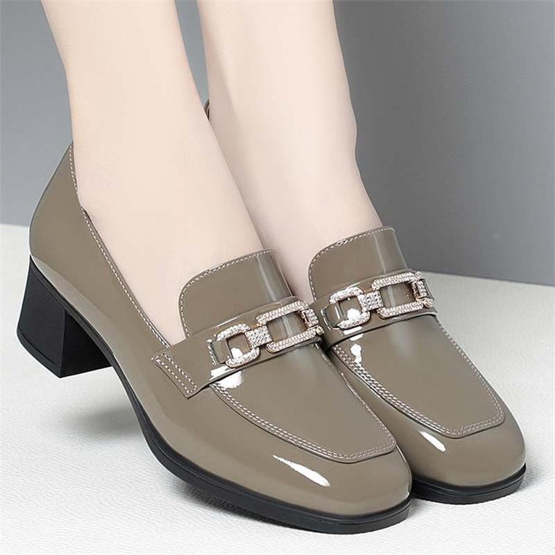 Spring Women's Casual Soft Leather Thick Heel Square Toe Leather Shoes