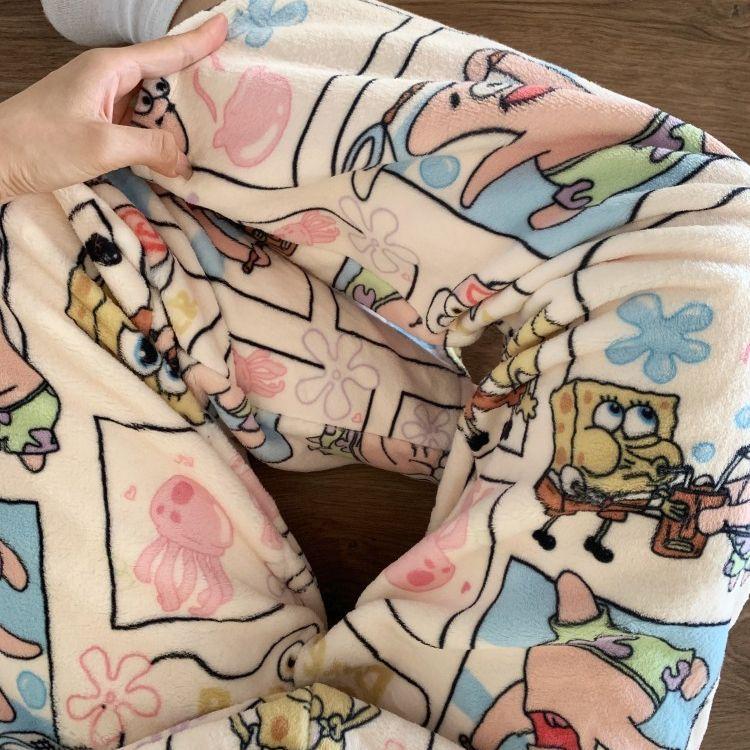 Cute Hello Kitty Women's Coral Fleece Pajama Pants Cartoon Kitty Sleepwear Loungewear