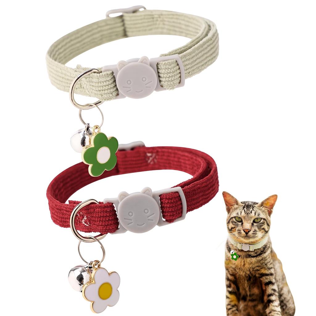 Lovely Corduroy Cat Dog Collar with Bell Flower Adjustable Breakaway Safety Buckle Pet Necklace for Small Medium Dogs Kittens