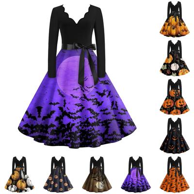 Sukienka rozkloszowana z nadrukiem na Halloween dla kobiet z długim rękawem, sukienki codzienne