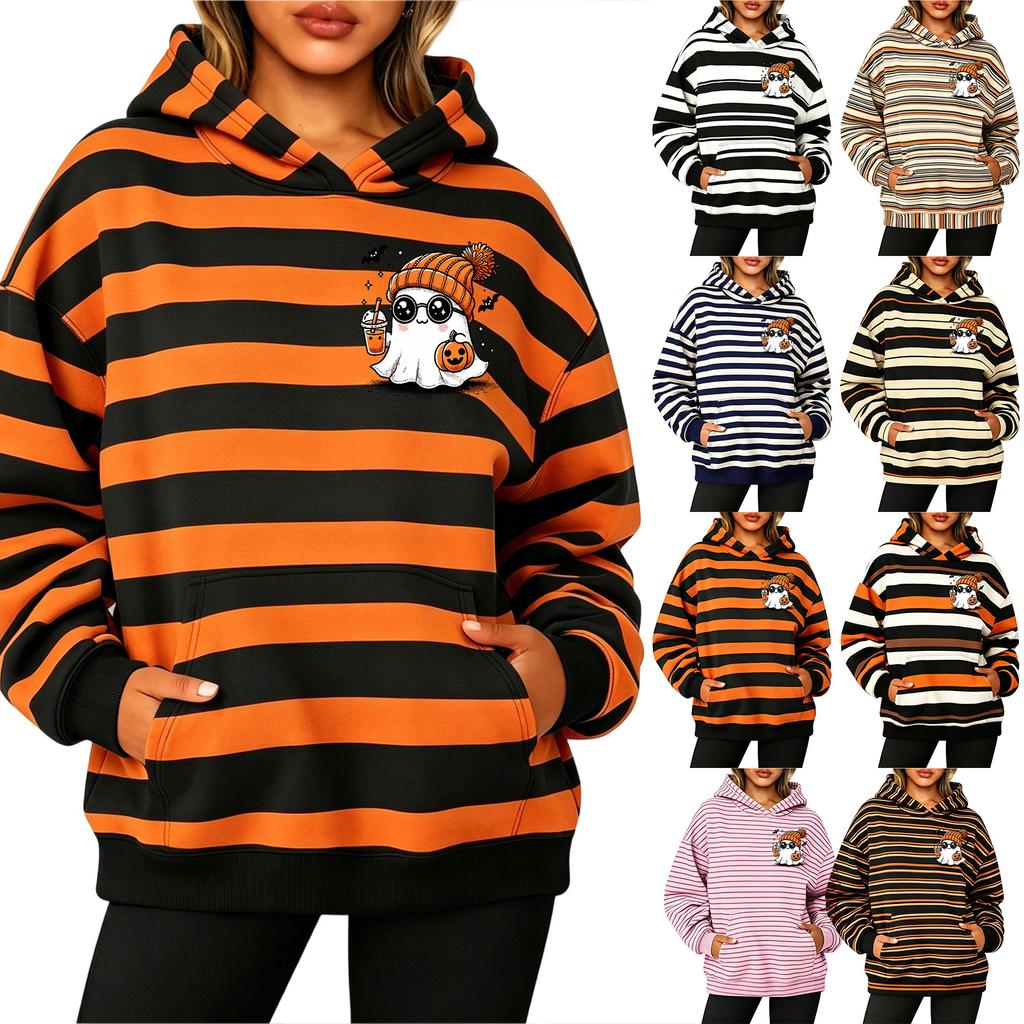 Women's Long Sleeve Striped Print Pullover Hoodie Sweatshirt with Pockets for Halloween