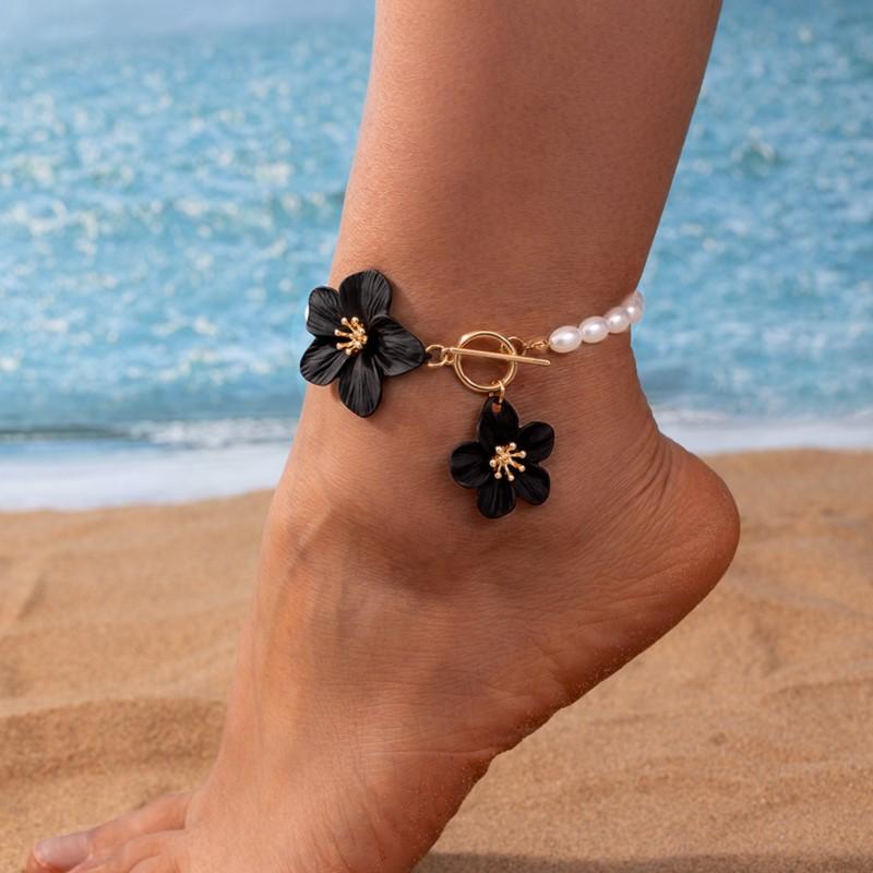 Gorgeous Faux Pearl Chic Flower Pendant Anklet for Women Delicate Forel 3D Flower Foot Chain Party Vocation Jewelry Gifts