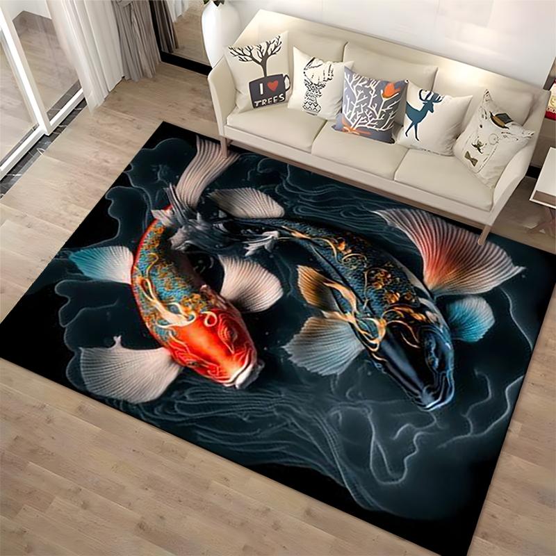 Colorful Koi Fish Design Carpet with Artistic Fluid Patterns Black Suitable for use as an anti-slip for living room bedroom sofas