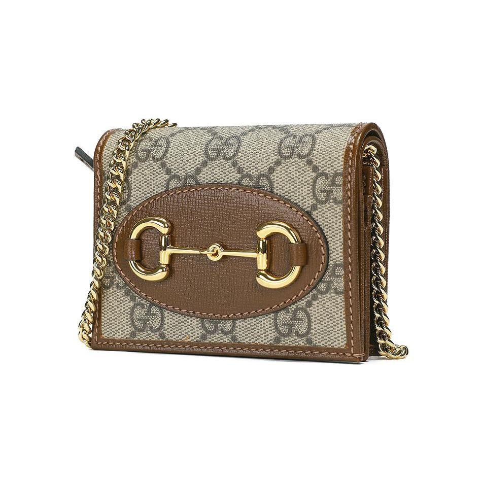 Gucci Horsebit 1955 Vintage Złota Klamra Logo Płótno i Skóra Portfel na Łańcuszku Damski Hebanowy Brąz 623180-92TCG-8563