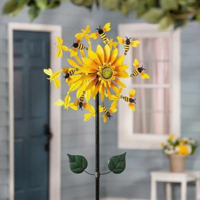 Outdoor Wind Spinner 27" Metal Sunflower Bees Rotating Windmill with Stake Kinetic Wind Sculptures for Outdoor Yard Patio Balcony Courtyard