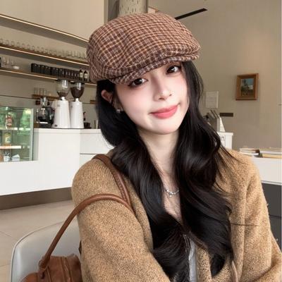 Fashion Vintage Berets Japanese Style Flat Top Casquette Plaid Pattern Newsboy Cap Women's Wear
