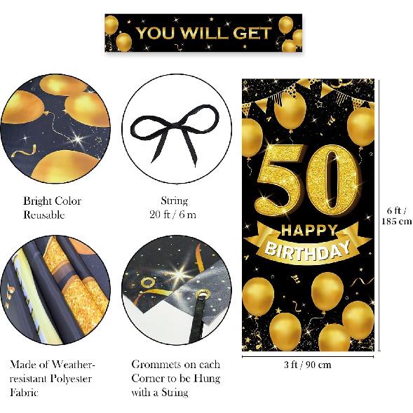 50th Birthday Decorations for Men & Women – Happy 50th Birthday Banner Backdrop, Fabric Yard Sign, Table Cloth, Photo Booth Props for Indoor