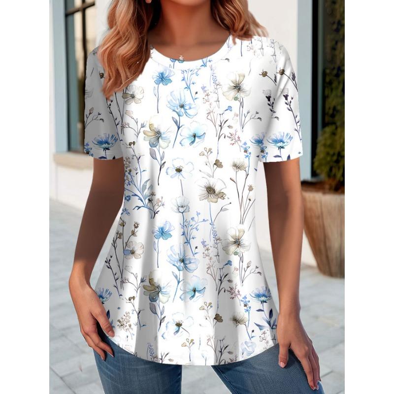 Women's large size short-sleeved round neck T-shirt 3D white background watercolor blue flower