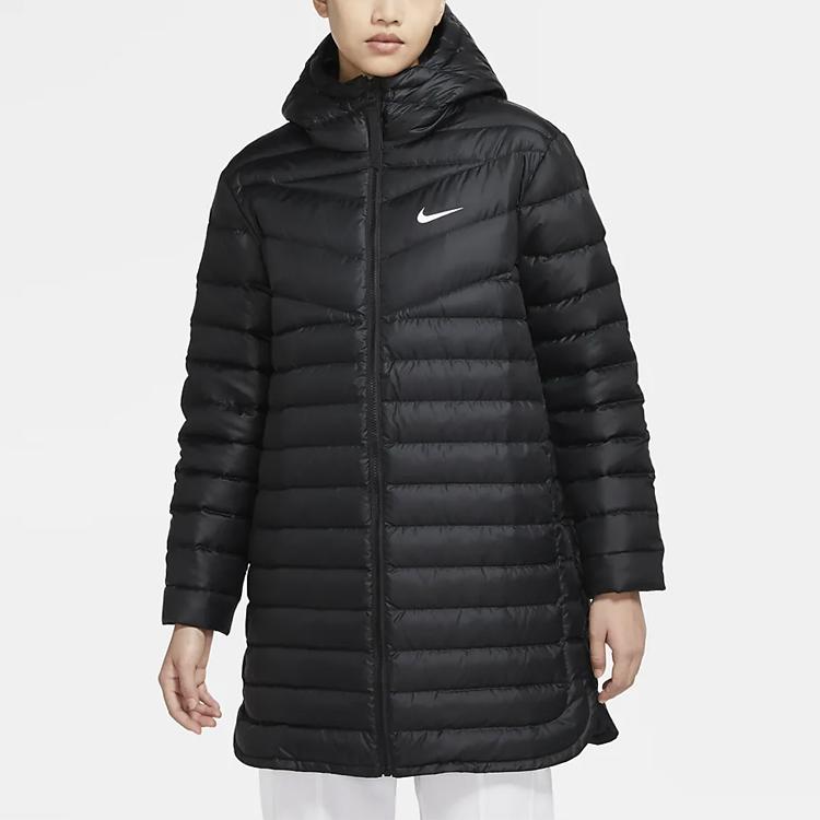 Nike Sportovní oblečení Windrunner Teplá péřová bunda jednobarevná střední délky s kapucí Zimní dámské svrchní oblečení Černá CU5092-010