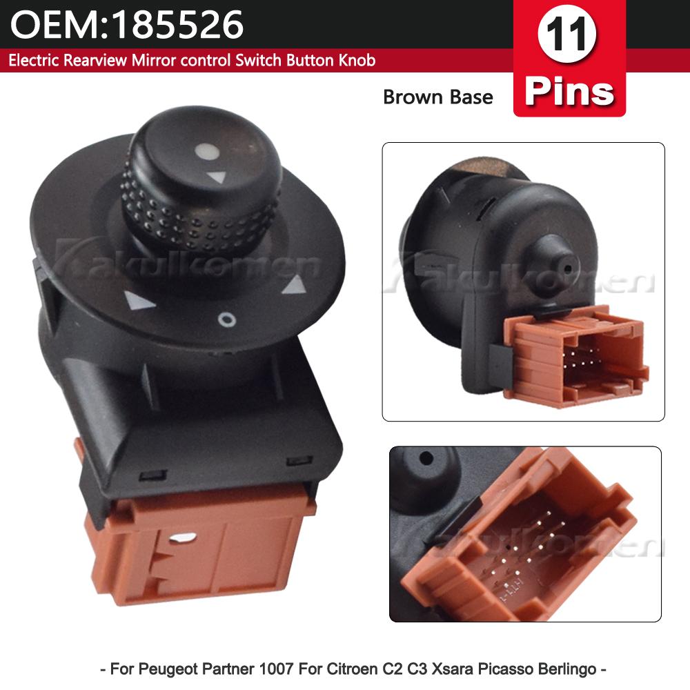 

For Citroen C2 C3 Xsara Picasso Berlingo for Peugeot Partner 1007 Door Side Rearview Mirror Adjustment Switch Button Knob 185526 Brown Base-11 Pins