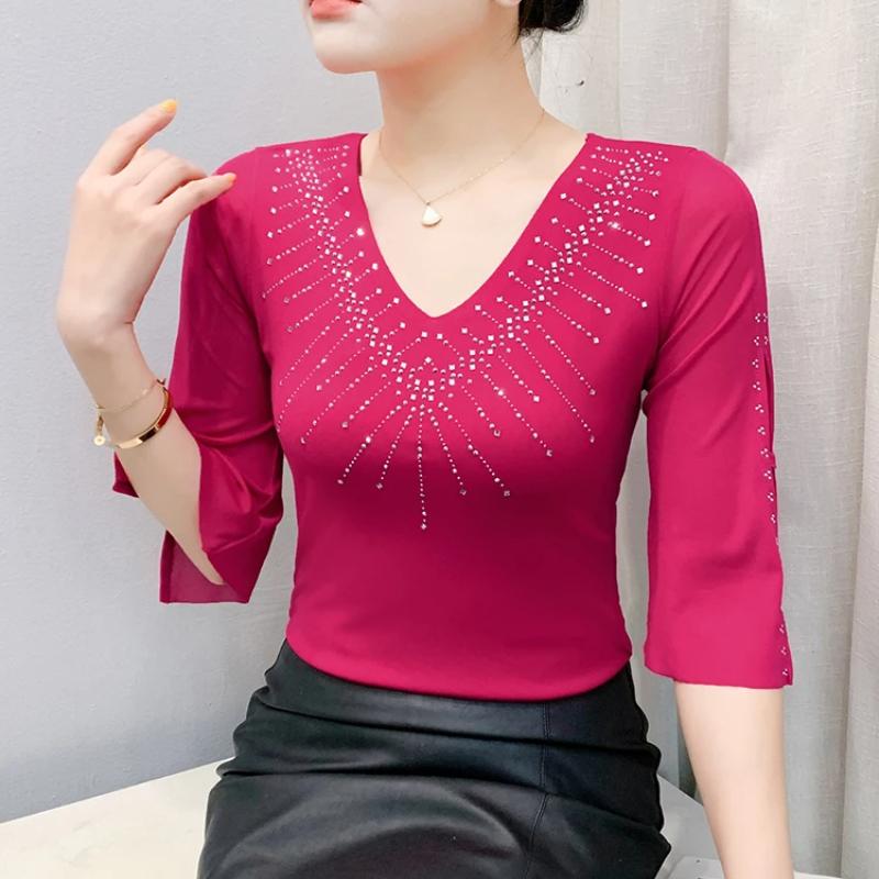 Sommer Kurzarm Damen T-Shirt Sexy V-Ausschnitt Glänzende Heiße Diamanten Oberteile Elegantes Mädchen Slim Mesh T-Shirts