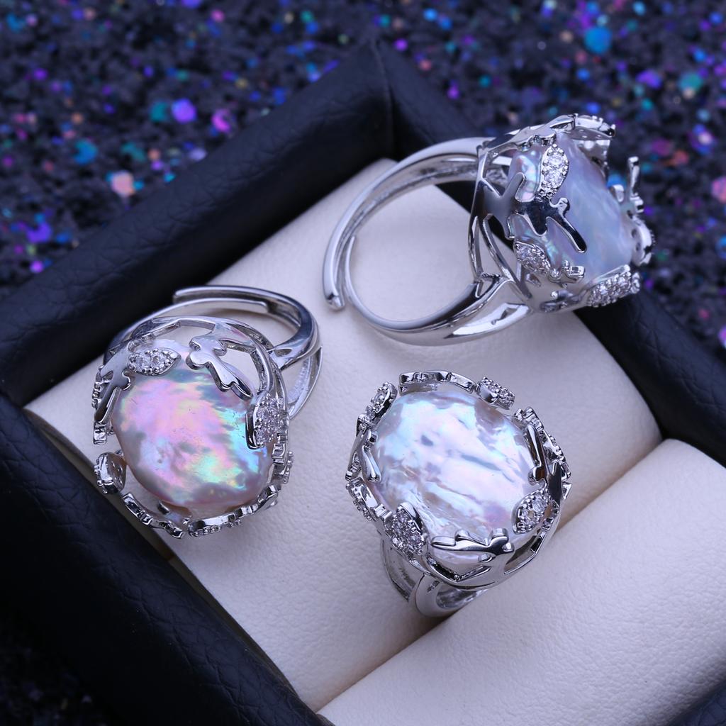 Fenasy Store barokke ringer med naturlige ferskvannsperler for kvinner Mote Damers Kubisk Zirkonia Stor Perlering Gave