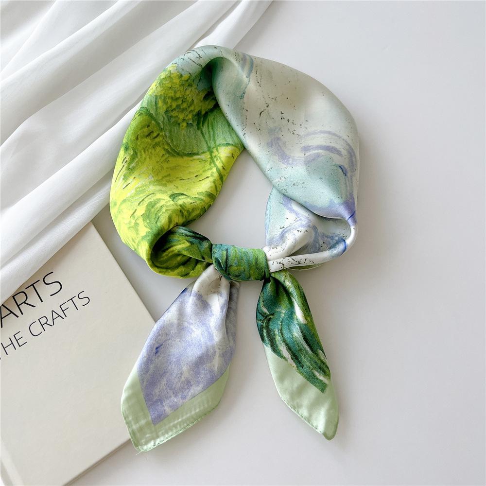 Luxury Silk Square Scarf Women Shawl Fashion French Flower Print Design Satin Hijab Wraps Neckerchief Female Hair Bands 70*70Cm